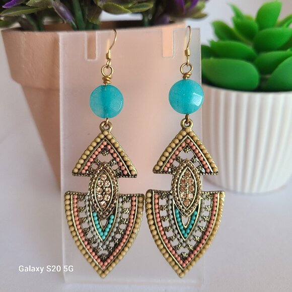 Handmade Aztec Theme Dangle Earrings Multi-Color Ladies Statement Event Festival - Picture 1 of 5